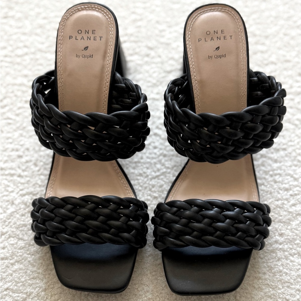 One Planet Qupid Black Braided Heels